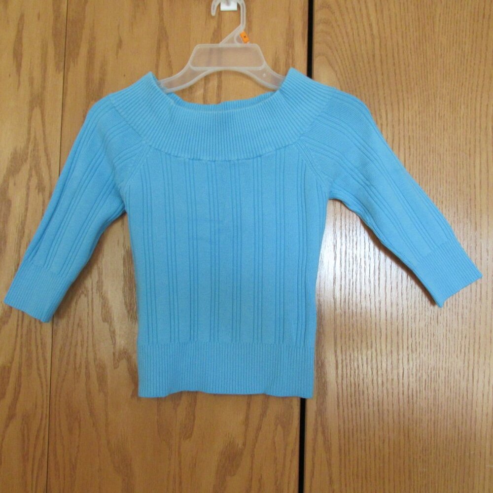 TAKEOUT WOMEN'S JUNIOR'S SIZE S or M SWEATER BLUE RIB KNIT BOAT NECK 3/4 RAGLAN